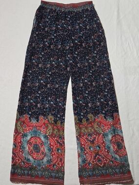 Kori Wide Leg Pants in Navy with Red Border